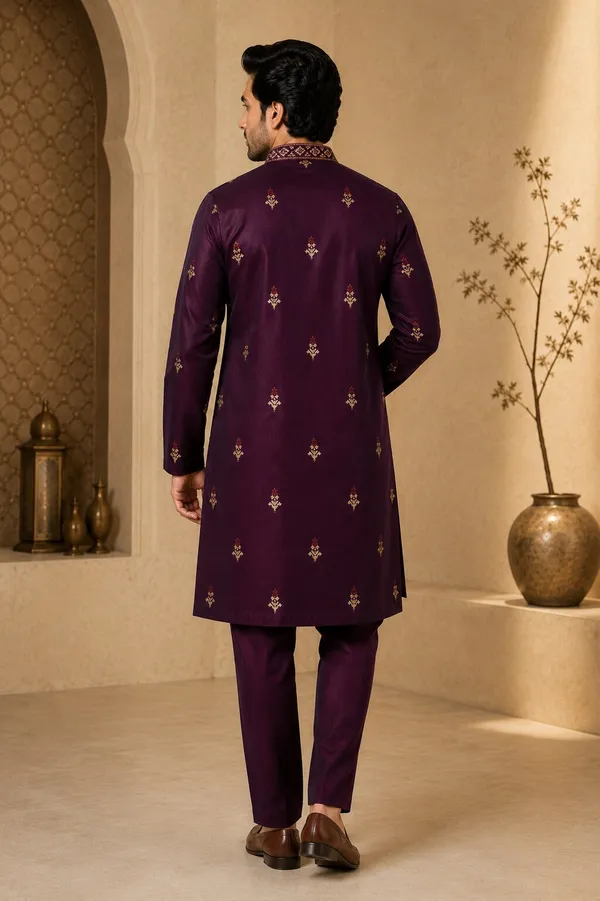 Men_Wine_Embroidered_Kurta_Pajama