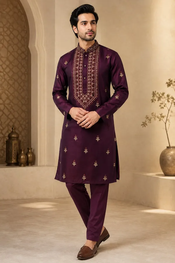 Men_Wine_Embroidered_Kurta_Pajama