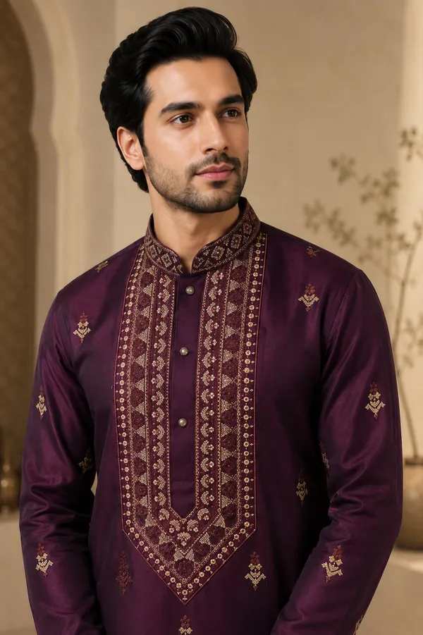 Men_Wine_Embroidered_Kurta_Pajama