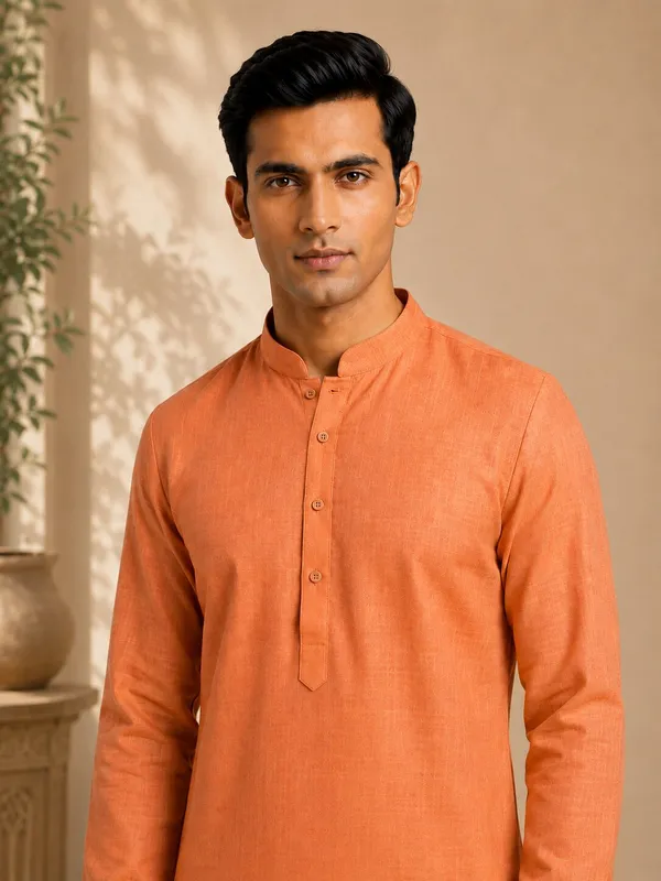 Men_Orange_Textured_Kurta