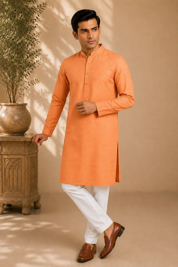 Men_Orange_Textured_Kurta
