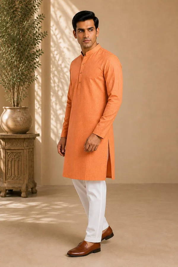 Men_Orange_Textured_Kurta