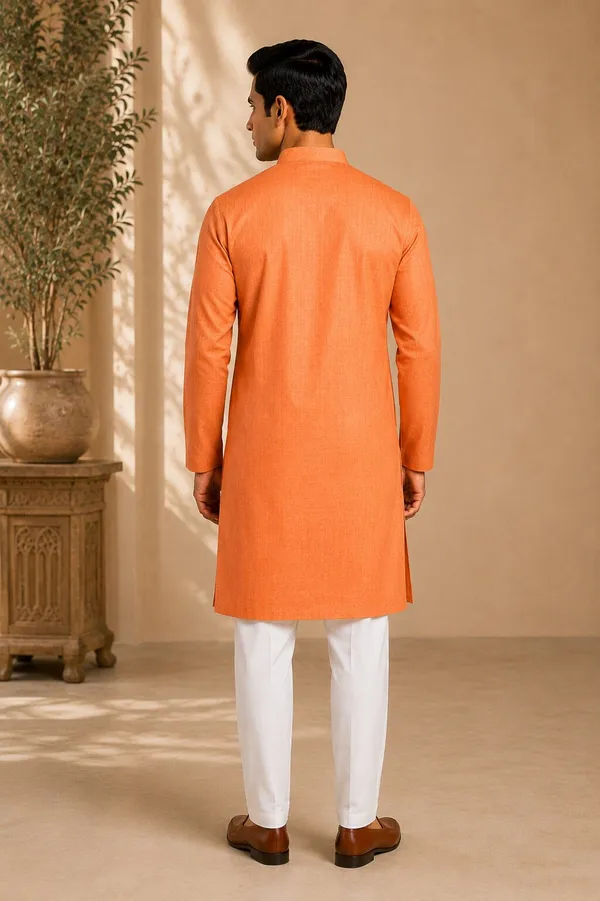 Men_Orange_Textured_Kurta