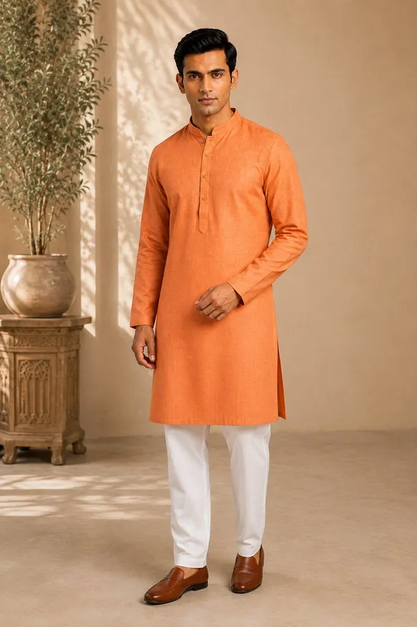 Men_Orange_Textured_Kurta