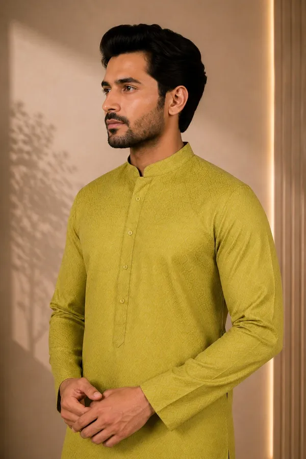 Men_Mehandi_Textured_Kurta_Pajama