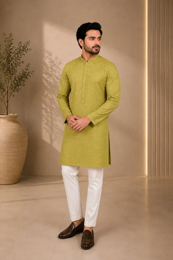 Men_Mehandi_Textured_Kurta_Pajama
