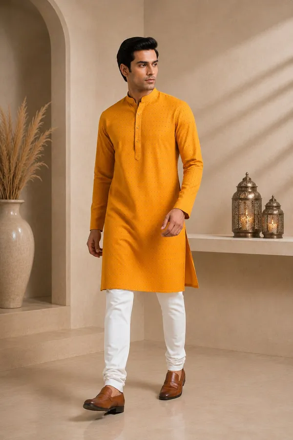 Men_Yellow_Textured_Kurta_Pajama