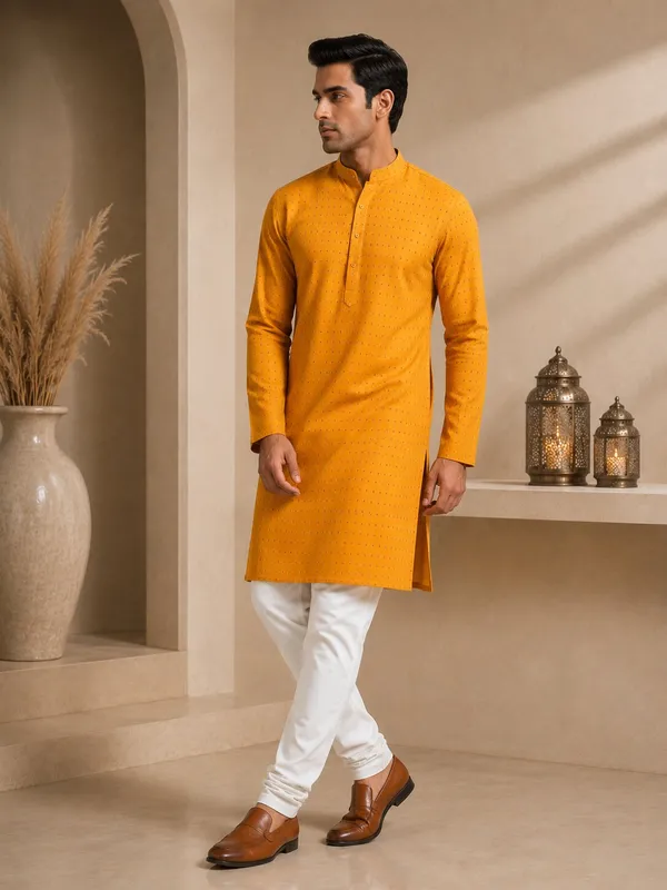 Men_Yellow_Textured_Kurta_Pajama