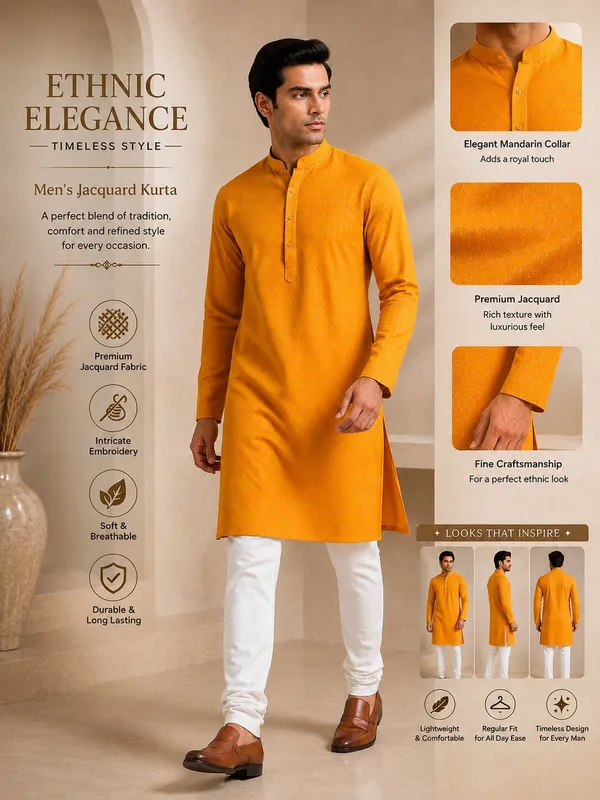 Men_Yellow_Textured_Kurta_Pajama