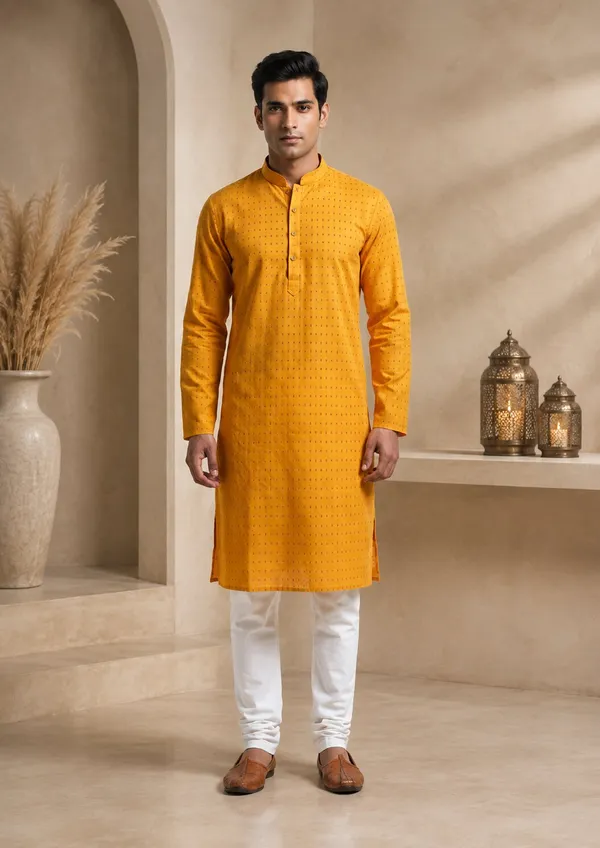 Men_Yellow_Textured_Kurta_Pajama