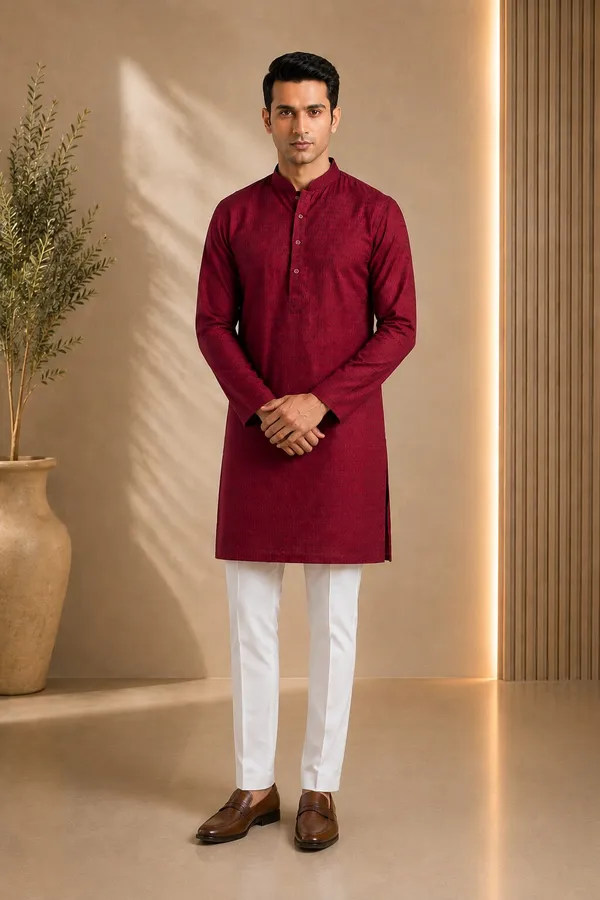 Men_Maroon_Textured_Kurta_Pajama