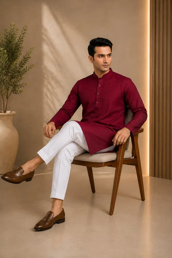 Men_Maroon_Textured_Kurta_Pajama