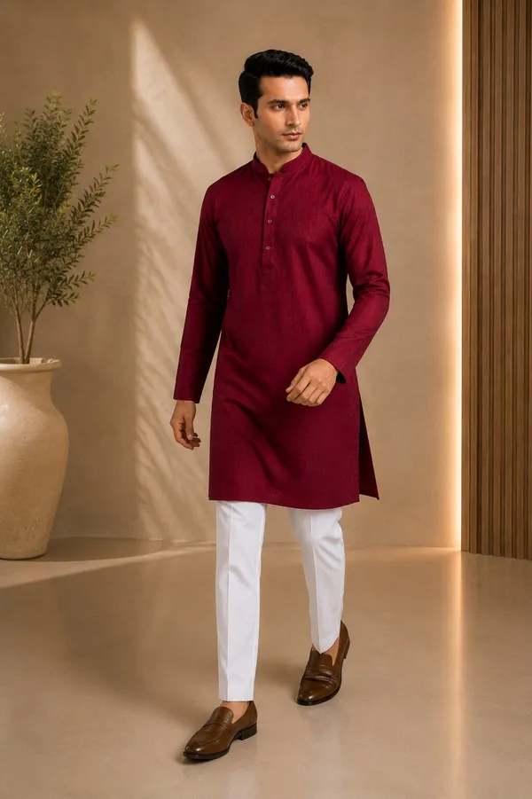 Men_Maroon_Textured_Kurta_Pajama