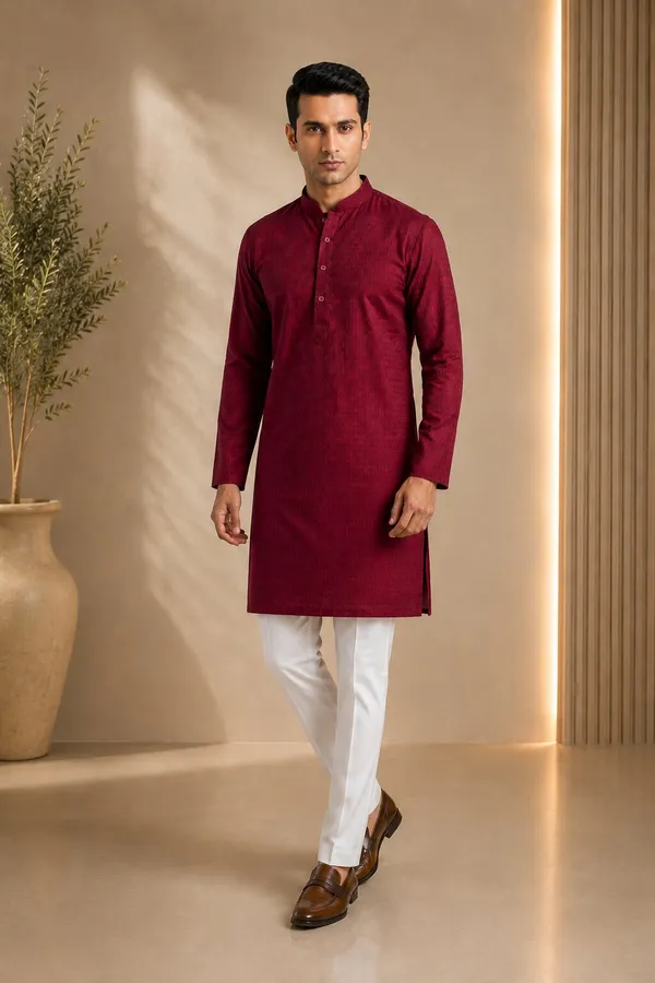 Men_Maroon_Textured_Kurta_Pajama
