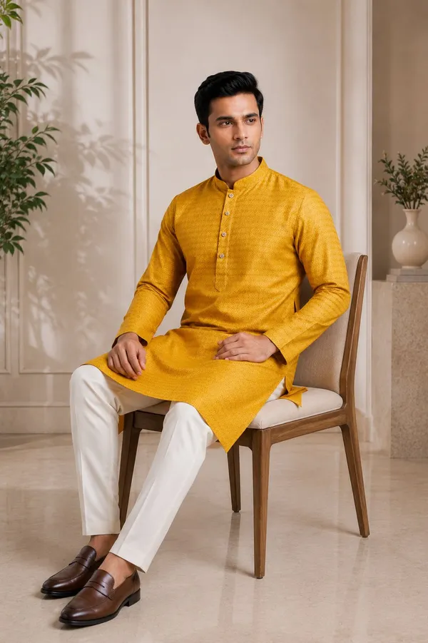 Men_Mustard_Textured_Kurta_Pajama