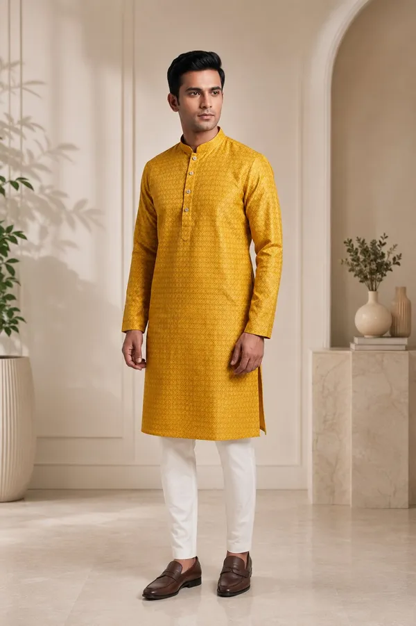 Men_Mustard_Textured_Kurta_Pajama