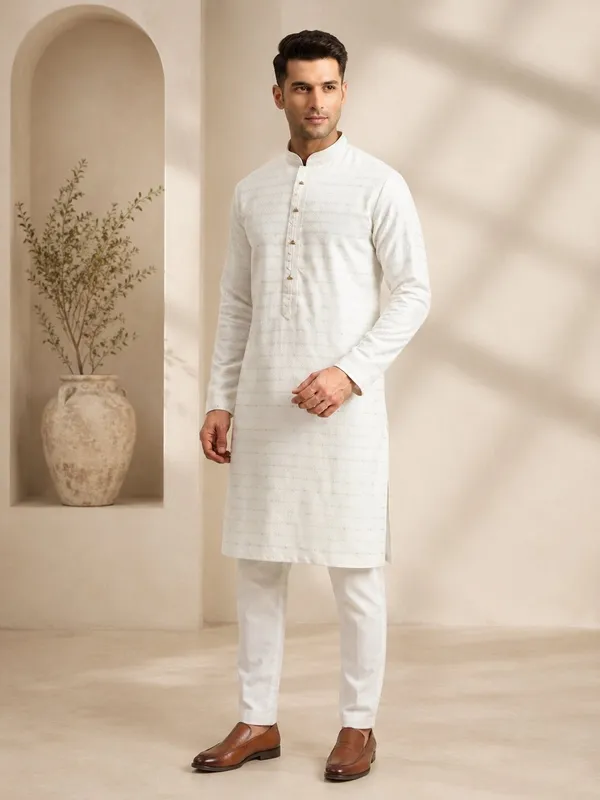 Men_Cream_Textured_Kurta_Pajama_Set
