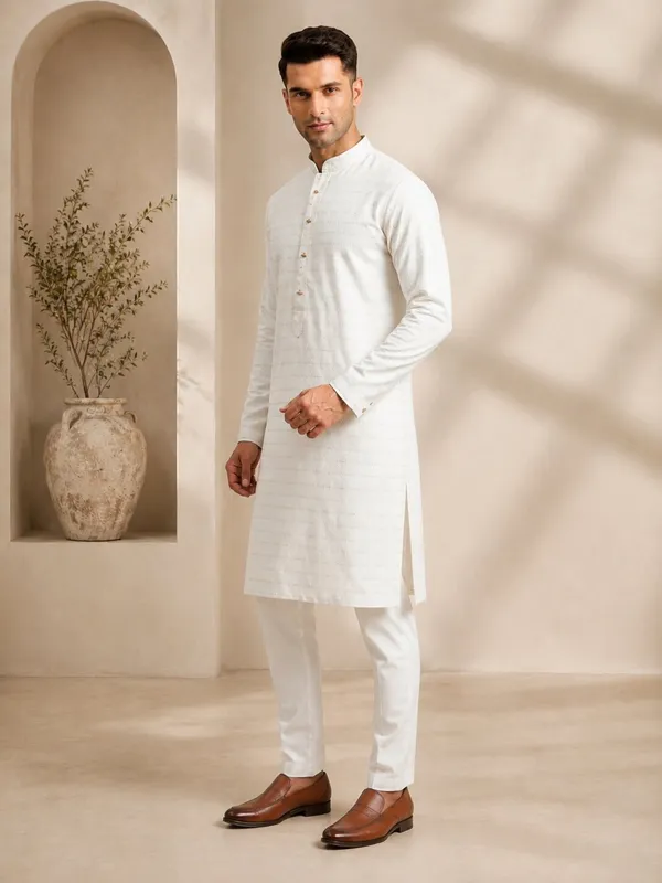 Men_Cream_Textured_Kurta_Pajama_Set