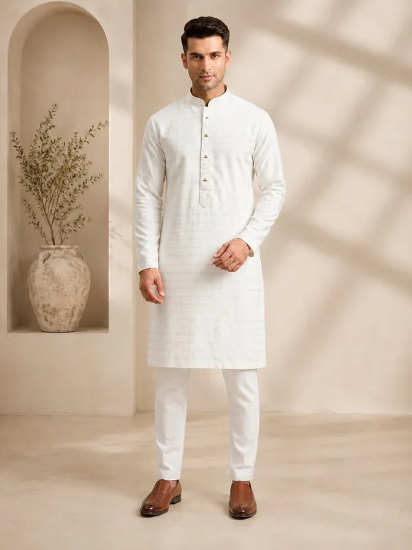 Men_Cream_Textured_Kurta_Pajama_Set