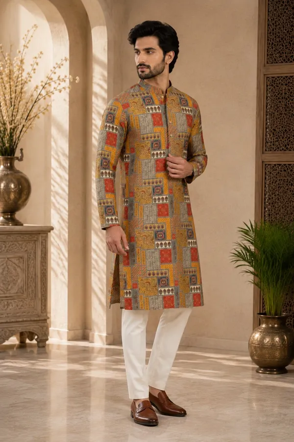 Mustard_Printed_Kurta_Pajama