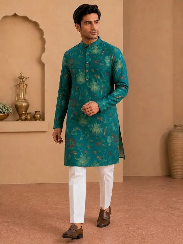 Bright_Green_Floral_Printed_Kurta_Pyjama_Set_for_Men