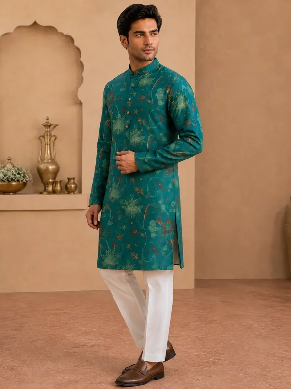 Bright_Green_Floral_Printed_Kurta_Pyjama_Set_for_Men