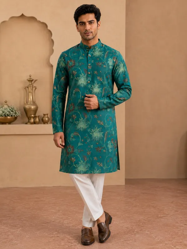 Bright_Green_Floral_Printed_Kurta_Pyjama_Set_for_Men
