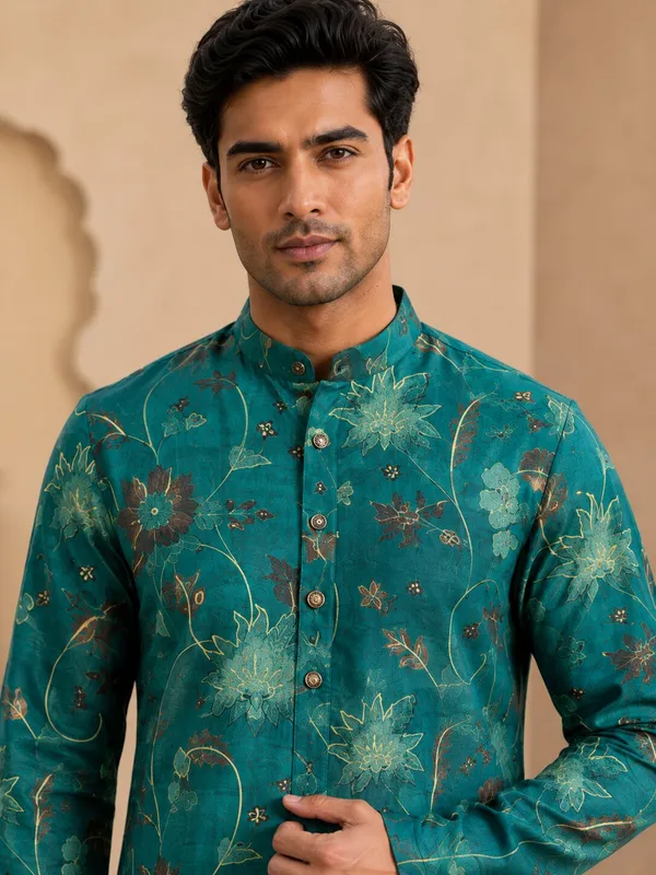 Bright_Green_Floral_Printed_Kurta_Pyjama_Set_for_Men
