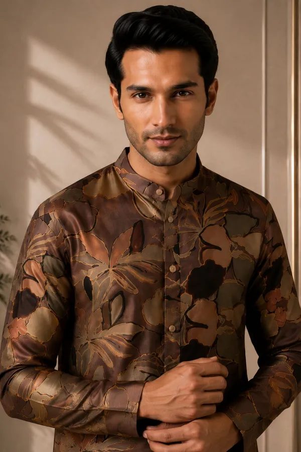 Men_Coffee_Floral_Printed_Kurta_Pajama_Set