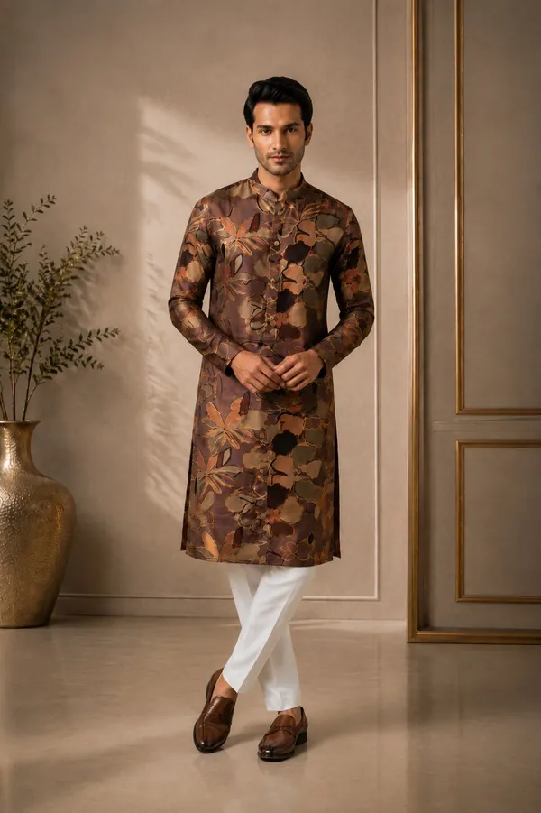 Men_Coffee_Floral_Printed_Kurta_Pajama_Set