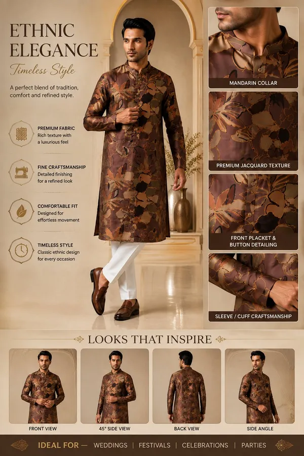 Men_Coffee_Floral_Printed_Kurta_Pajama_Set