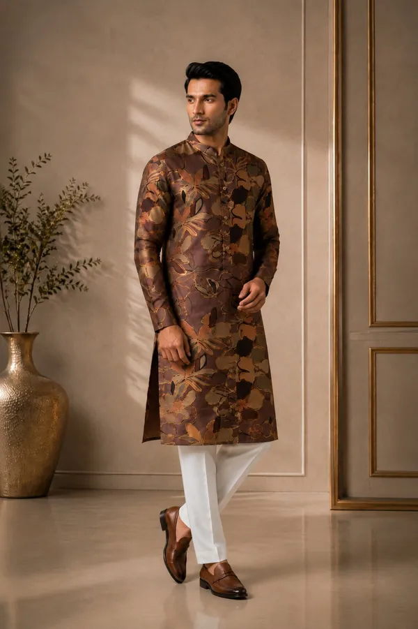 Men_Coffee_Floral_Printed_Kurta_Pajama_Set