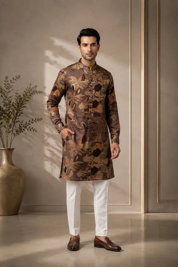 Men_Coffee_Floral_Printed_Kurta_Pajama_Set
