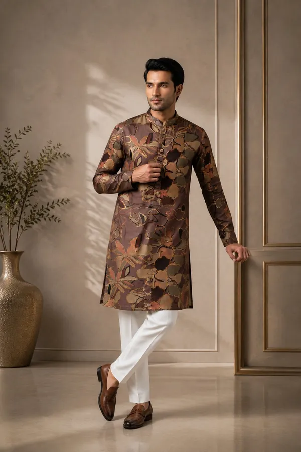 Men_Coffee_Floral_Printed_Kurta_Pajama_Set