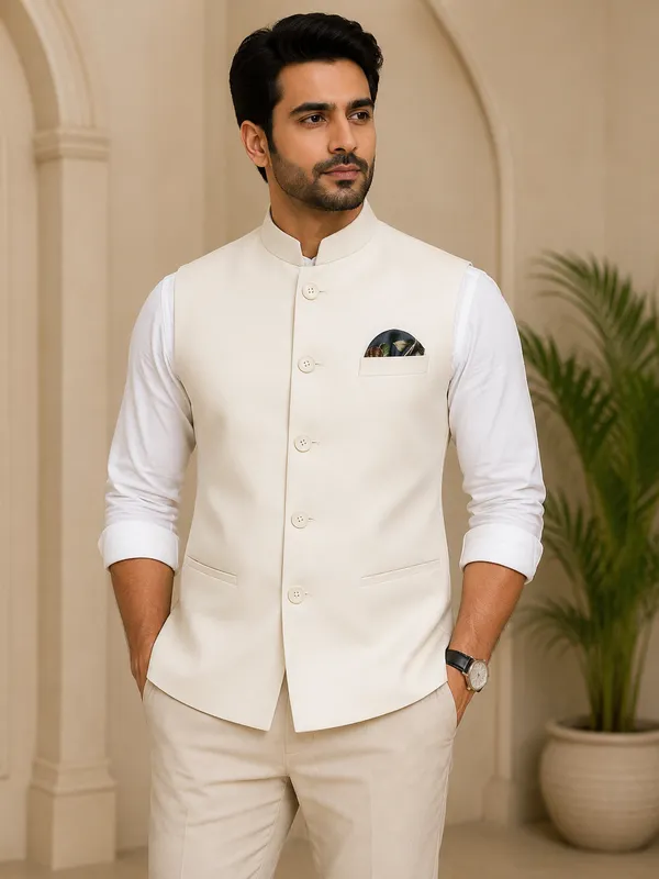 Cream_Turkish_Soft_Touch_Solid_Nehru_Collar_Bandhgala_Sleeveless_Jacket_For_Men