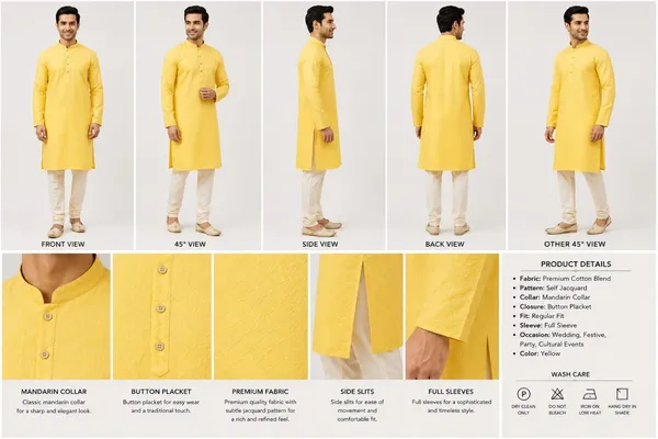 Yellow_Silk_Blend_Self_Textured_Mandarin_Collar_Kurta_For_Men
