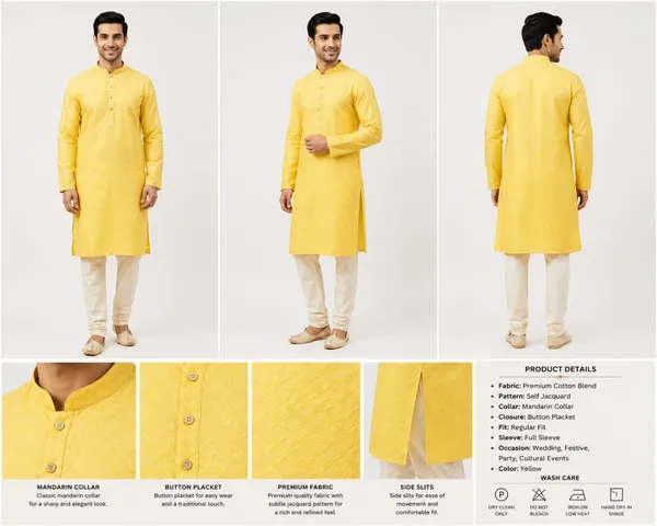 Yellow_Silk_Blend_Self_Textured_Mandarin_Collar_Kurta_For_Men
