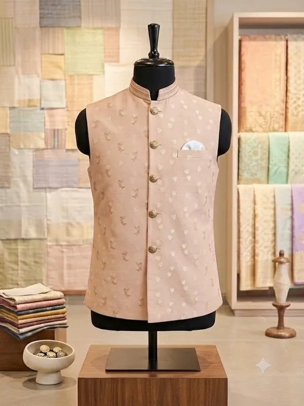 Peach_Banarasi_Brocade_Floral_Embroidered_Nehru_Jacket_For_Men