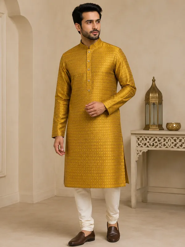 Golden_Yellow_Brocade_Silk_Straight_Nehru_Collar_Kurta_For_Men