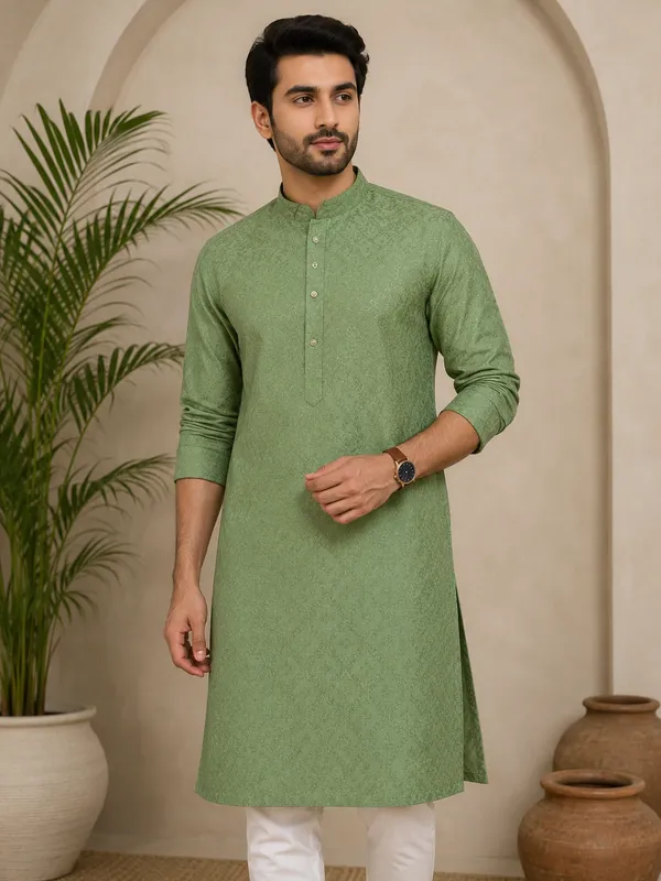 Green_Jacquard_Straight_Self_Print_Mandarin_Collar_Kurta_For_Men