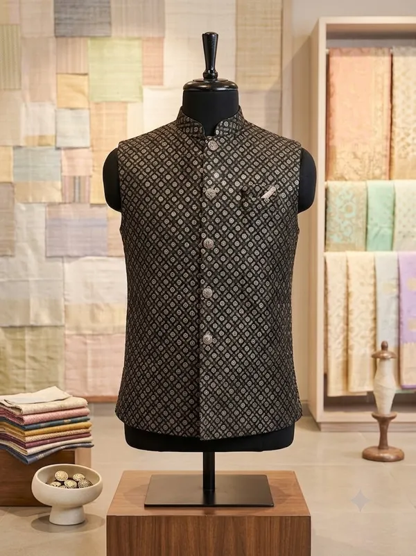 Black_Sequin_Embroidery_Floral_Print_Nehru_Jacket_For_Men