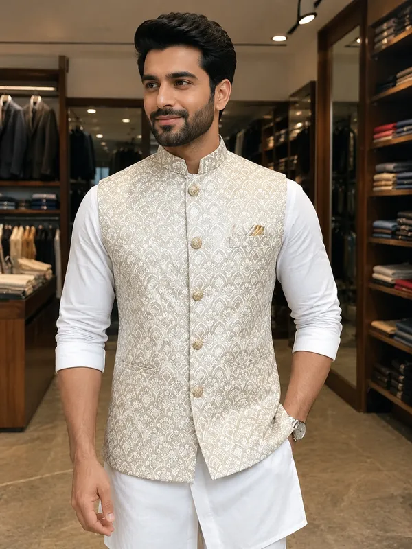 Silver_Grey_Jacquard_Floral_Nehru_Collar_Sleeveless_Jacket_For_Men