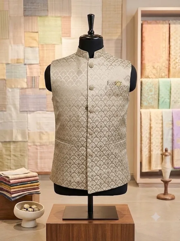 Silver_Grey_Jacquard_Floral_Nehru_Collar_Sleeveless_Jacket_For_Men