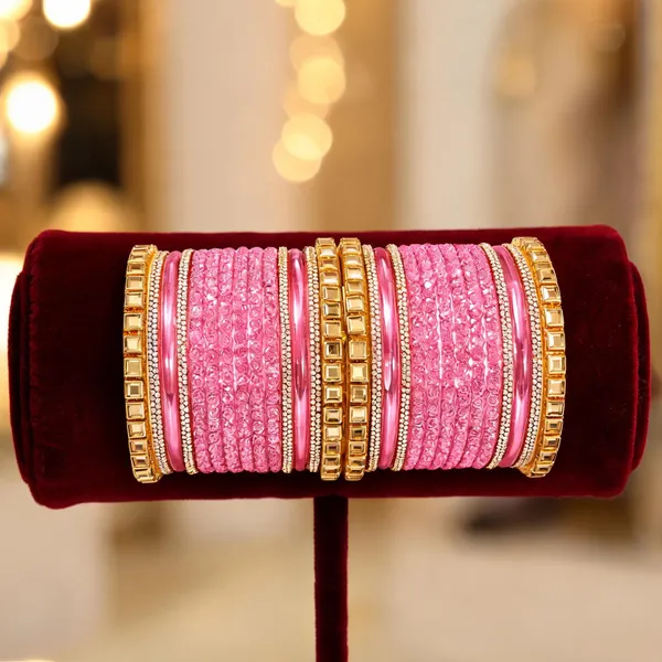 Pink_&_Gold_Glass_Textured_Traditional_Bangle_Set_For_Women