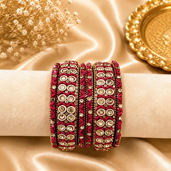 Pink_Glass_Kundan_Antique_Gold_Bangle_Set_For_Women
