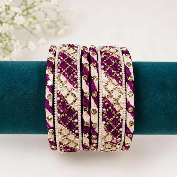 Purple_And_White_Glass_Silk_Thread_Embellished_Bangle_Set_For_Women