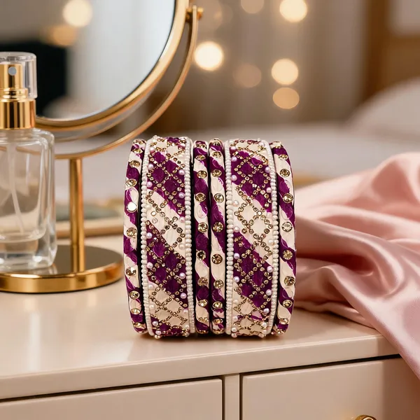 Purple_And_White_Glass_Silk_Thread_Embellished_Bangle_Set_For_Women