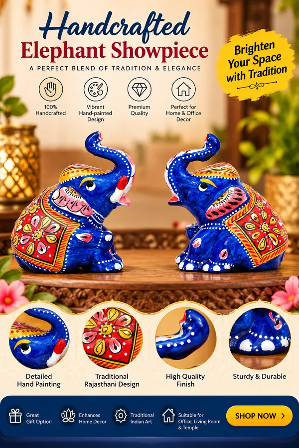 Indergarh_Heritage_handicraft_Metal_Meenakari_painted_abbu_elephant,_trunk_up_elephant_showpiece_