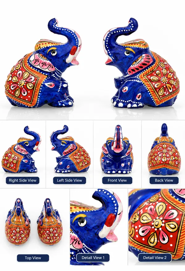 Indergarh_Heritage_handicraft_Metal_Meenakari_painted_abbu_elephant,_trunk_up_elephant_showpiece_