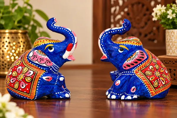 Indergarh_Heritage_handicraft_Metal_Meenakari_painted_abbu_elephant,_trunk_up_elephant_showpiece_